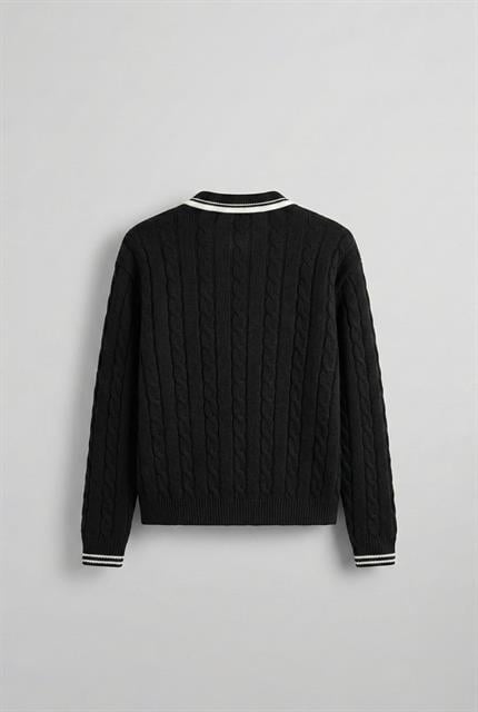 Erkek Oversize Polo Yaka Örgü Desenli Triko Kazak Siyah