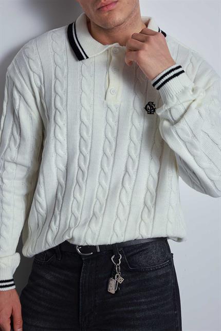 Erkek Oversize Polo Yaka Örgü Desenli Triko Kazak Ekru