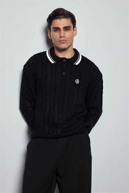 Erkek Oversize Polo Yaka Örgü Desenli Triko Kazak Siyah