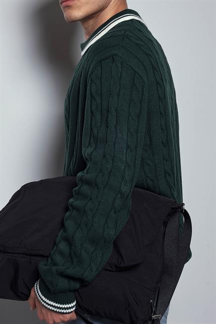 Erkek Oversize Polo Yaka Örgü Desenli Triko Kazak Yeşil