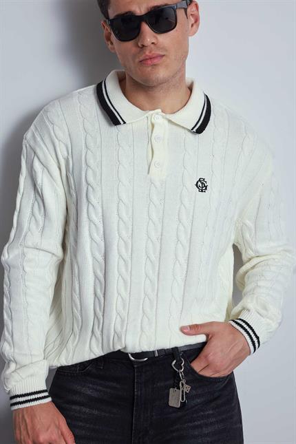 Erkek Oversize Polo Yaka Örgü Desenli Triko Kazak Ekru