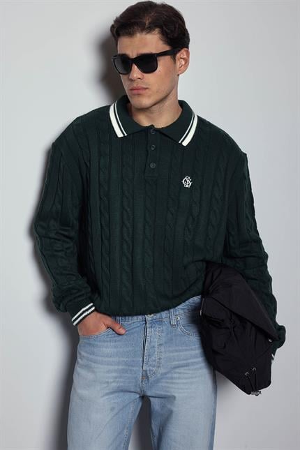 Erkek Oversize Polo Yaka Örgü Desenli Triko Kazak Yeşil