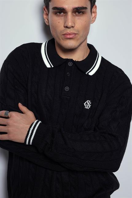 Erkek Oversize Polo Yaka Örgü Desenli Triko Kazak Siyah