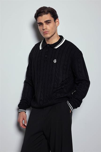 Erkek Oversize Polo Yaka Örgü Desenli Triko Kazak Siyah
