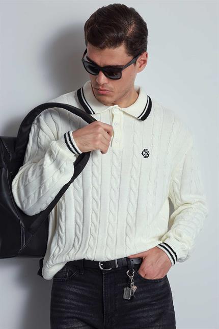 Erkek Oversize Polo Yaka Örgü Desenli Triko Kazak Ekru