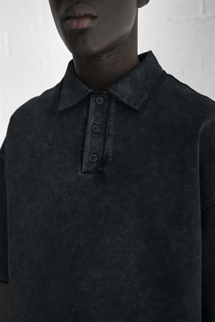 Erkek Oversize Polo Yaka Yıkamalı T-Shirt Siyah