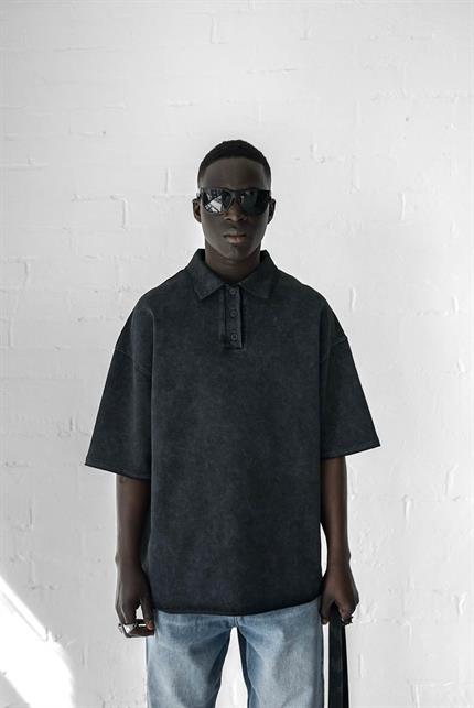 Erkek Oversize Polo Yaka Yıkamalı T-Shirt Siyah