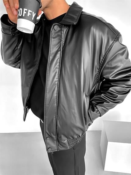 Erkek Oversize Premium Basic Deri Ceket Siyah
