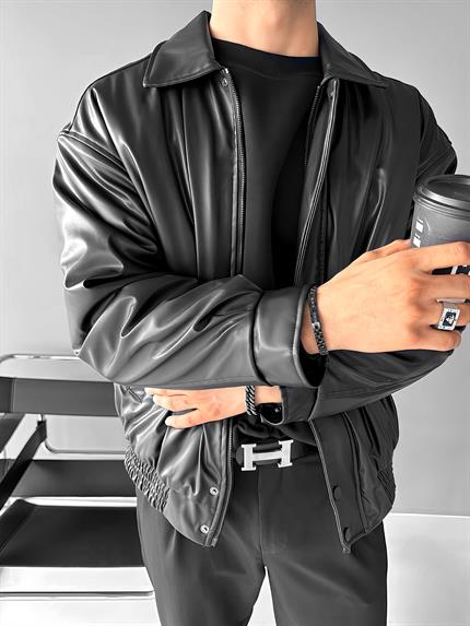Erkek Oversize Premium Basic Deri Ceket Siyah