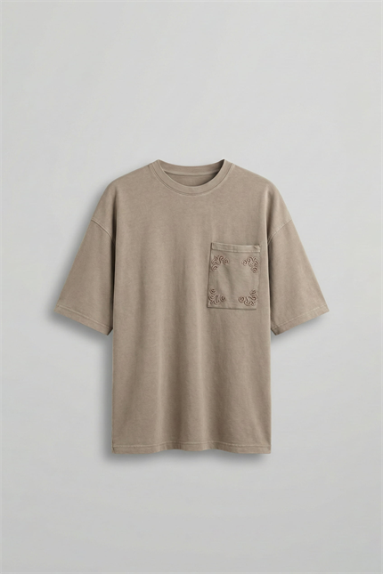 Erkek Oversize Premium Cep Nakışlı T-Shirt Bej