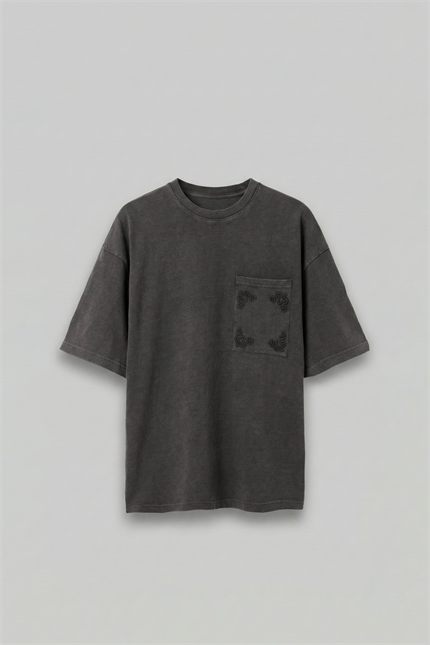 Erkek Oversize Premium Cep Nakışlı T-Shirt Siyah