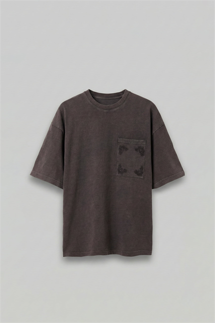 Erkek Oversize Premium Cep Nakışlı T-Shirt Kahverengi