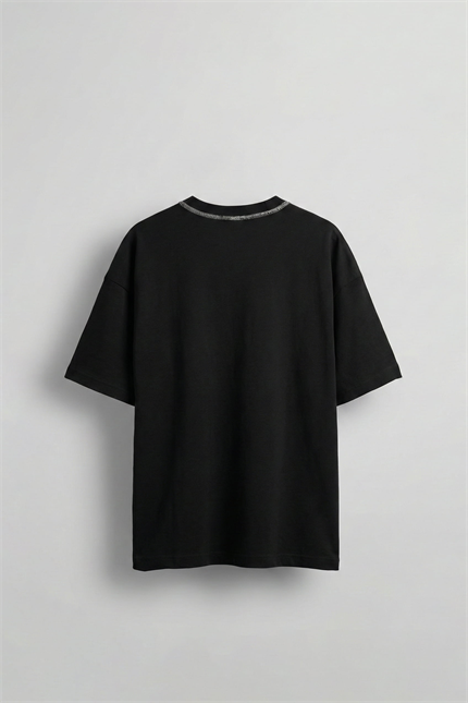 Erkek Oversize Premium Kontrast Yaka Baskılı T-Shirt Siyah