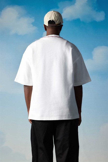 Erkek Oversize Premium Kontrast Yaka Baskılı T-Shirt Ekru