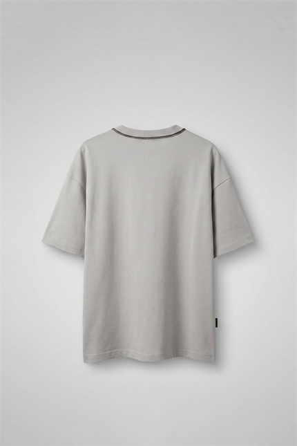 Erkek Oversize Premium Kontrast Yaka Baskılı T-Shirt Gri