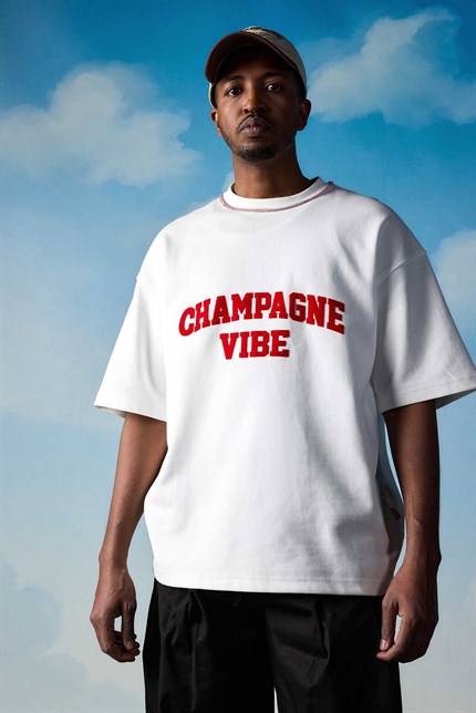 Erkek Oversize Premium Kontrast Yaka Baskılı T-Shirt Ekru
