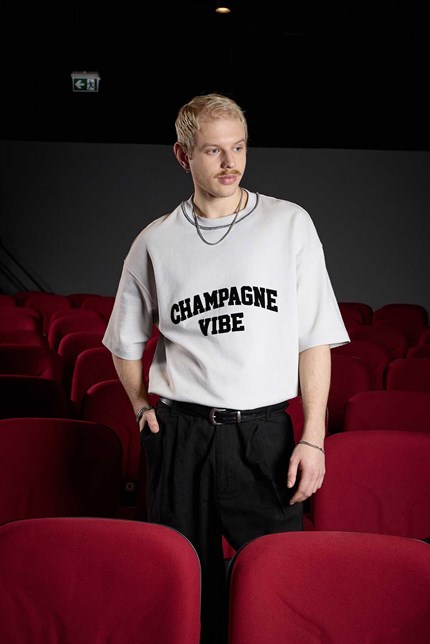 Erkek Oversize Premium Kontrast Yaka Baskılı T-Shirt Gri