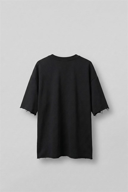 Erkek Oversize Püskül Detaylı Basic Örme T-Shirt Siyah