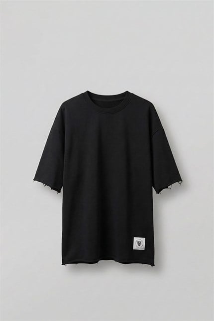 Erkek Oversize Püskül Detaylı Basic Örme T-Shirt Siyah