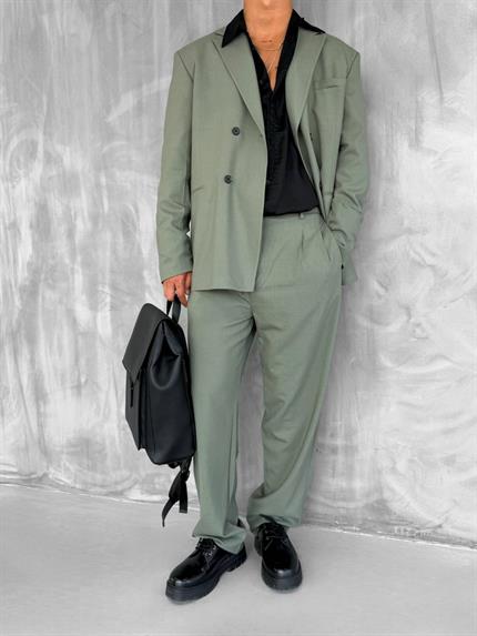 Erkek Oversize Rahat Kalıp Kruvaze Takım Elbise Haki Yeşil