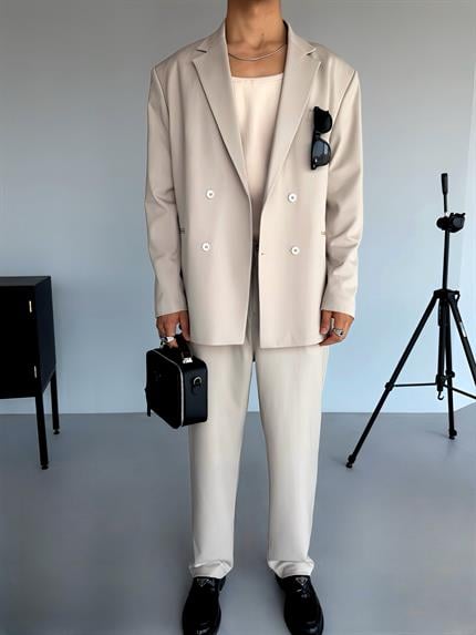 Erkek Oversize Rahat Kalıp Kruvaze Takım Elbise Bej