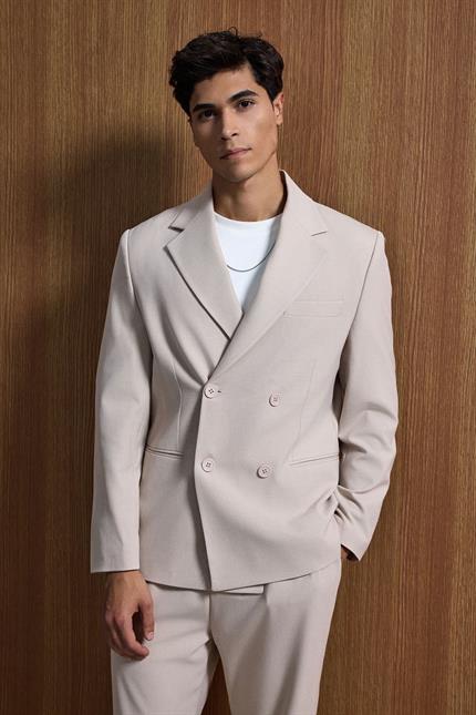 Erkek Oversize Rahat Kalıp Kruvaze Takım Elbise Bej