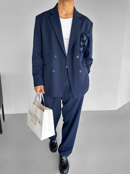 Erkek Oversize Rahat Kalıp Kruvaze Takım Elbise Lacivert