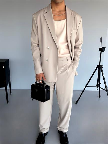 Erkek Oversize Rahat Kalıp Kruvaze Takım Elbise Bej