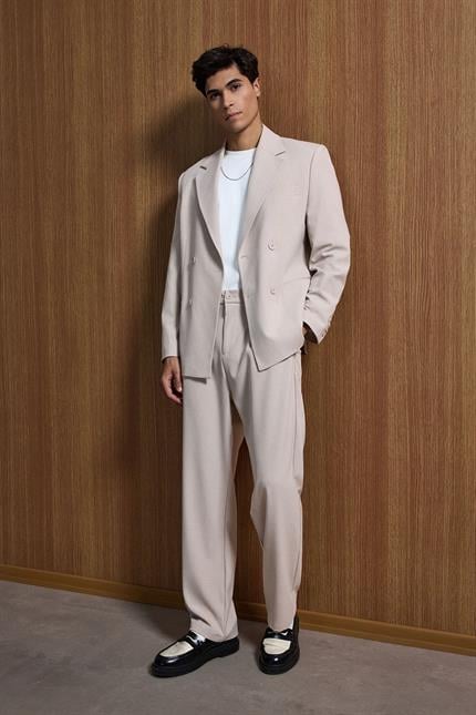 Erkek Oversize Rahat Kalıp Kruvaze Takım Elbise Bej