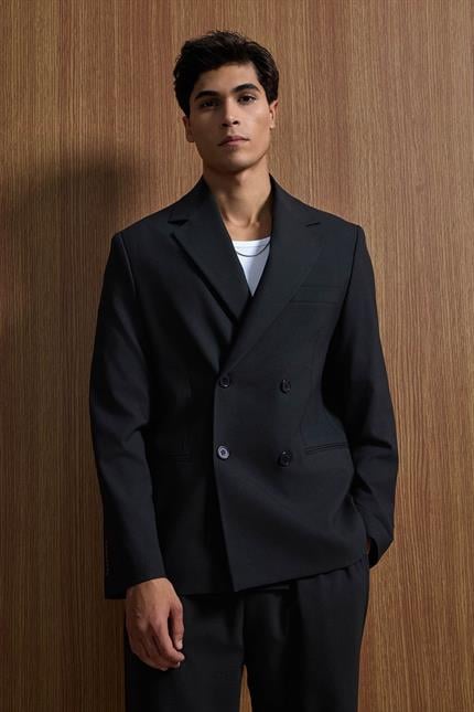 Erkek Oversize Rahat Kalıp Kruvaze Takım Elbise Siyah