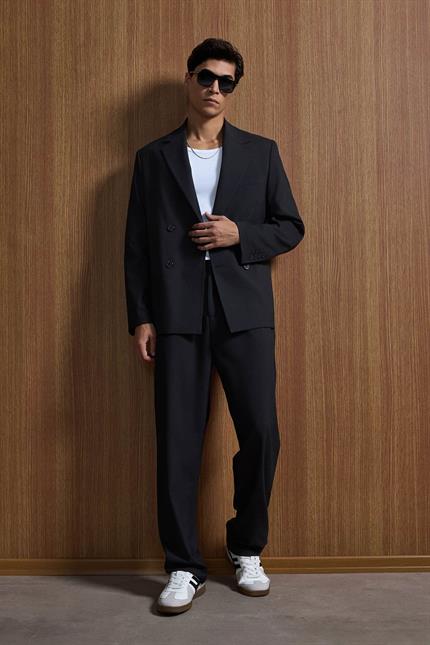 Erkek Oversize Rahat Kalıp Kruvaze Takım Elbise Siyah