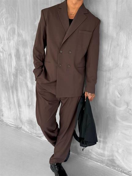 Erkek Oversize Rahat Kalıp Kruvaze Takım Elbise Kahve