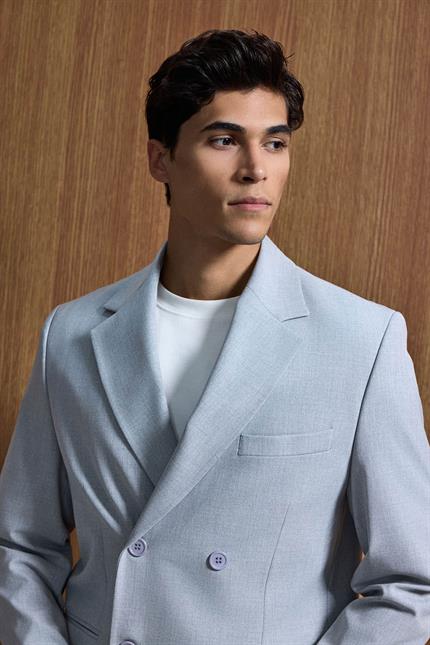 Erkek Oversize Rahat Kalıp Kruvaze Takım Elbise Gri