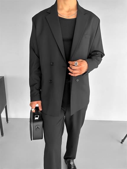 Erkek Oversize Rahat Kalıp Kruvaze Takım Elbise Siyah