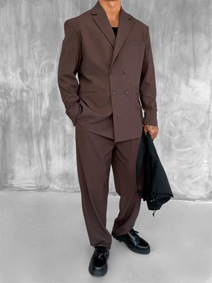 Erkek Oversize Rahat Kalıp Kruvaze Takım Elbise Kahve