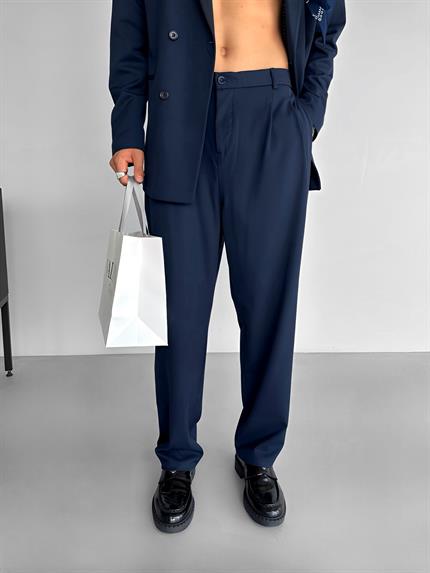 Erkek Oversize Rahat Kalıp Kruvaze Takım Elbise Lacivert