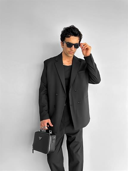 Erkek Oversize Rahat Kalıp Kruvaze Takım Elbise Siyah