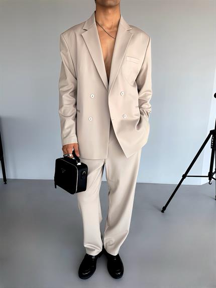 Erkek Oversize Rahat Kalıp Kruvaze Takım Elbise Bej