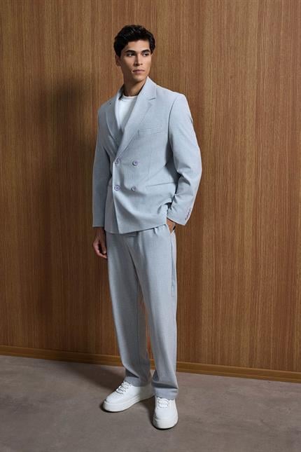 Erkek Oversize Rahat Kalıp Kruvaze Takım Elbise Gri