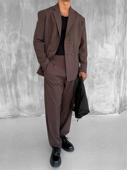 Erkek Oversize Rahat Kalıp Kruvaze Takım Elbise Kahve