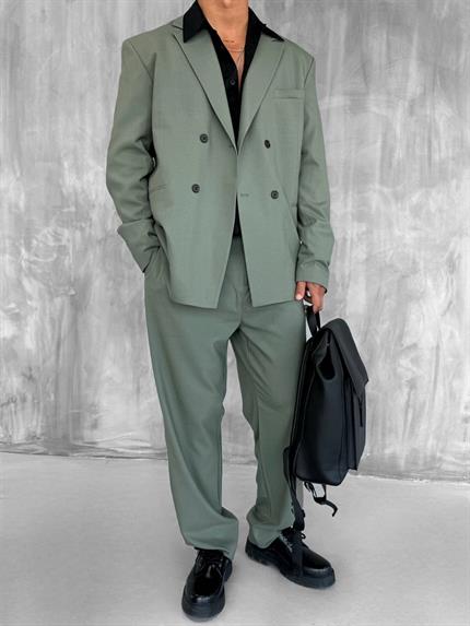 Erkek Oversize Rahat Kalıp Kruvaze Takım Elbise Haki Yeşil