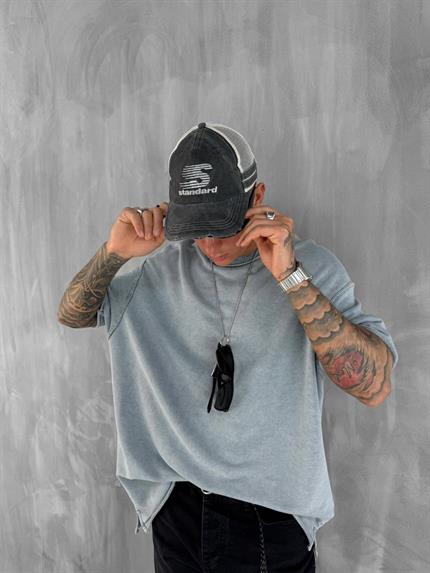 Erkek Oversize Rahat Kesim Yıkamalı T-Shirt Gri