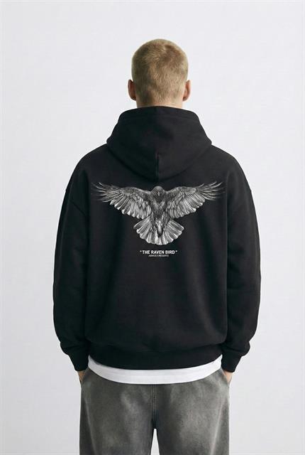 Unisex Oversize Raven Baskılı Premium Kalın Kapüşonlu Sweatshirt Siyah