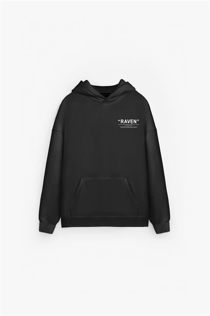 Erkek Oversize Raven Baskılı Premium Kapüşonlu Sweatshirt Siyah