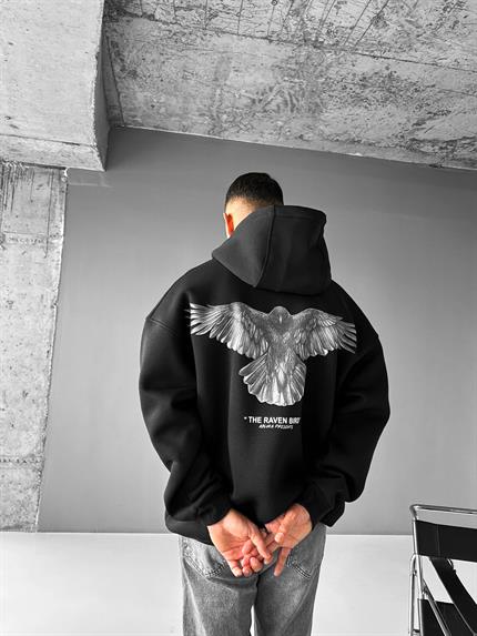 Erkek Oversize Raven Baskılı Premium Kapüşonlu Sweatshirt Siyah