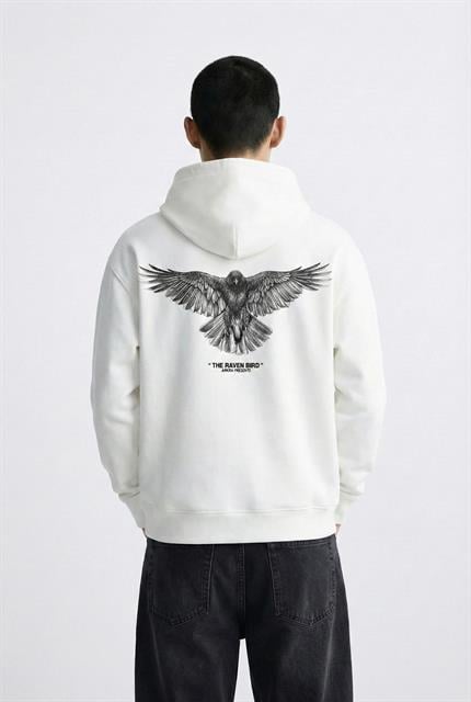 Unisex Oversize Raven Baskılı Premium Kalın Kapüşonlu Sweatshirt Ekru