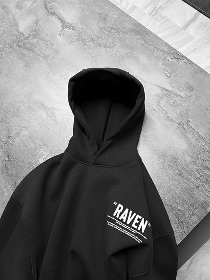 Erkek Oversize Raven Baskılı Premium Kapüşonlu Sweatshirt Siyah