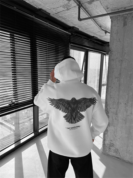 Erkek Oversize Raven Baskılı Premium Kapüşonlu Sweatshirt Ekru