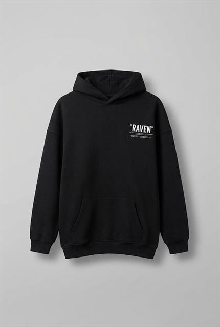 Unisex Oversize Raven Baskılı Premium Kalın Kapüşonlu Sweatshirt Siyah