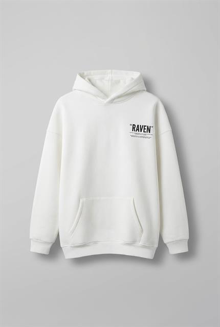 Unisex Oversize Raven Baskılı Premium Kalın Kapüşonlu Sweatshirt Ekru